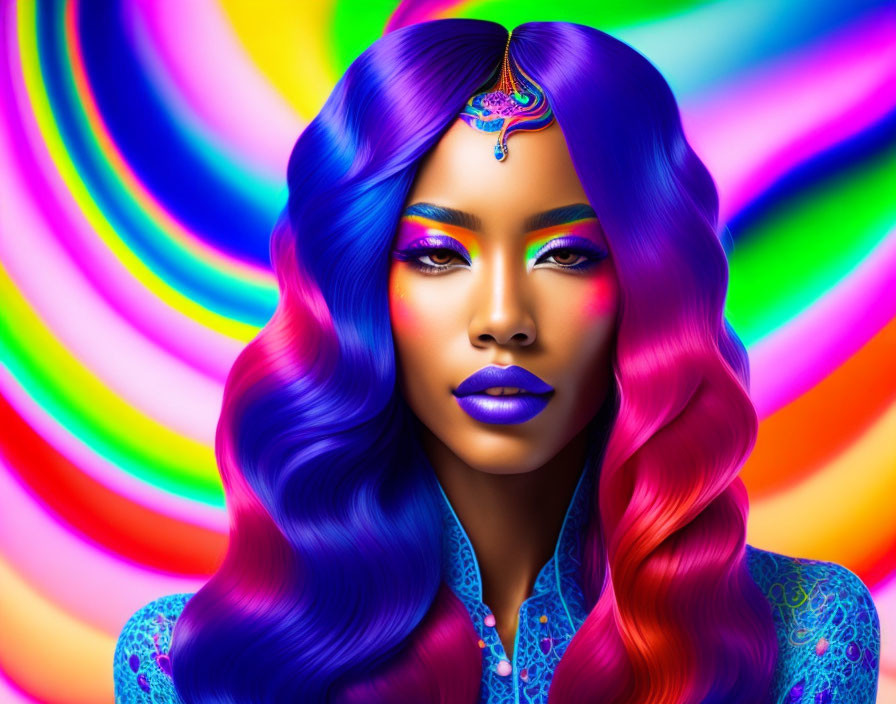 Colorful digital portrait of a woman with blue and pink hair and bold makeup on a psychedelic background