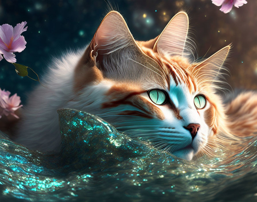 Orange and White Cat with Green Eyes on Blue Surface with Starry Background and Pink Flowers