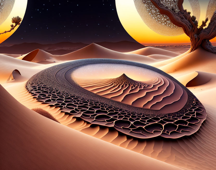 Surreal desert landscape with spiral dune, moons, and shadow tree