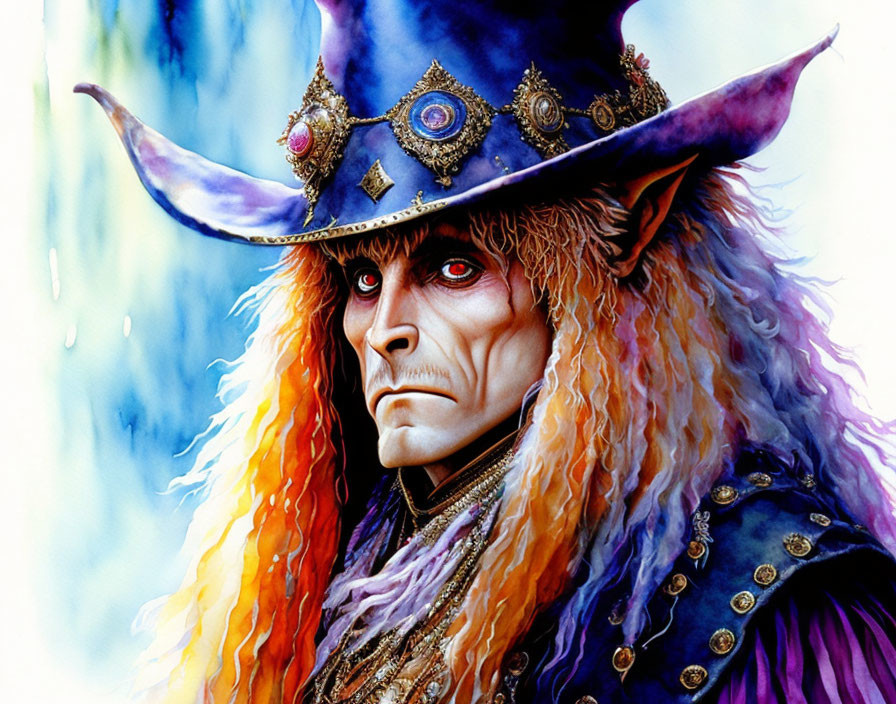 Colorful portrait of fantasy character with pointed ears and decorated hat in vibrant attire.