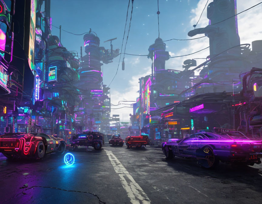 Futuristic cyberpunk cityscape with neon signs and skyscrapers at dusk