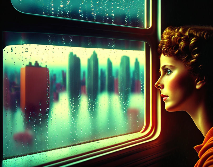 Curly-Haired Woman Looking at Rainy City Skyline from Train Window