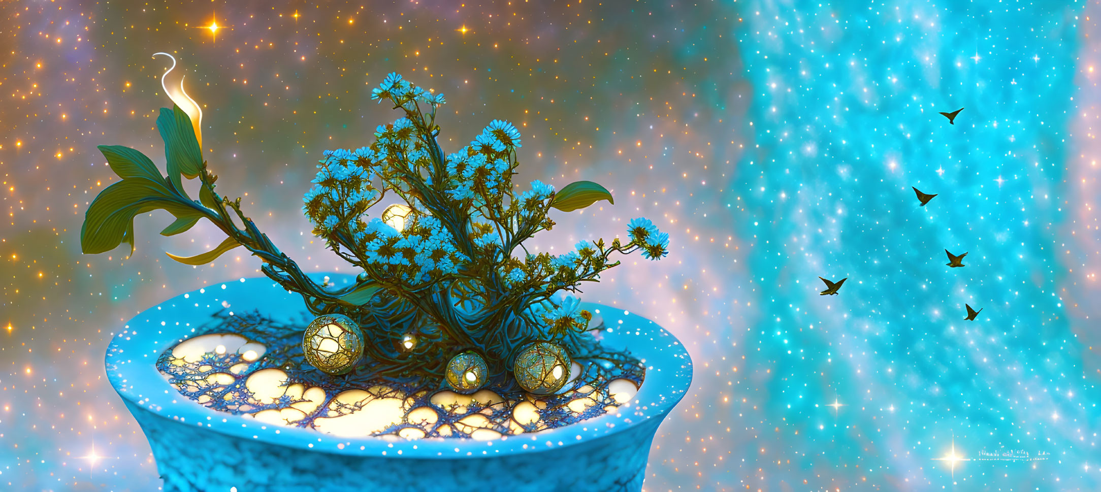 Blue Flower Bonsai Tree with Ornate Eggs Against Starry Sky