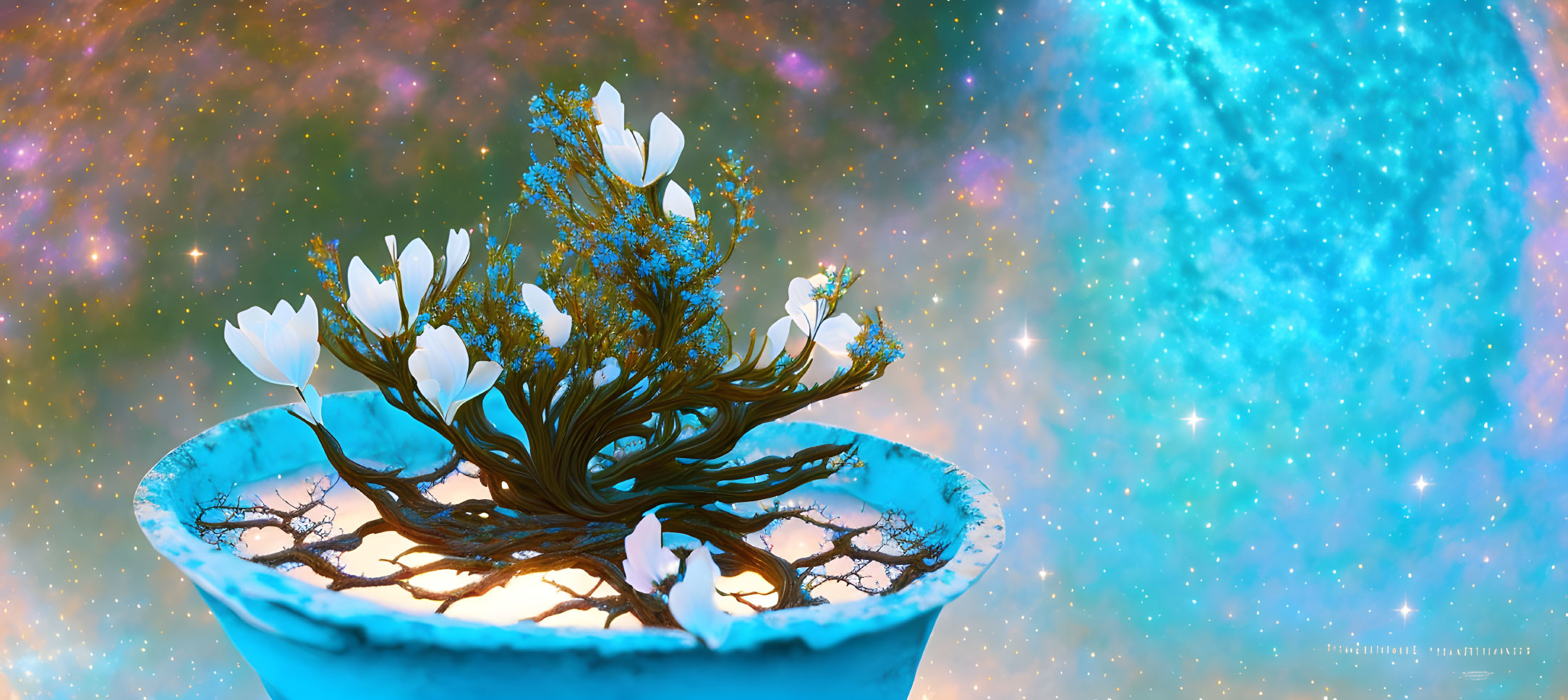 Whimsical bonsai tree with white blossoms in blue pot against vibrant nebula background