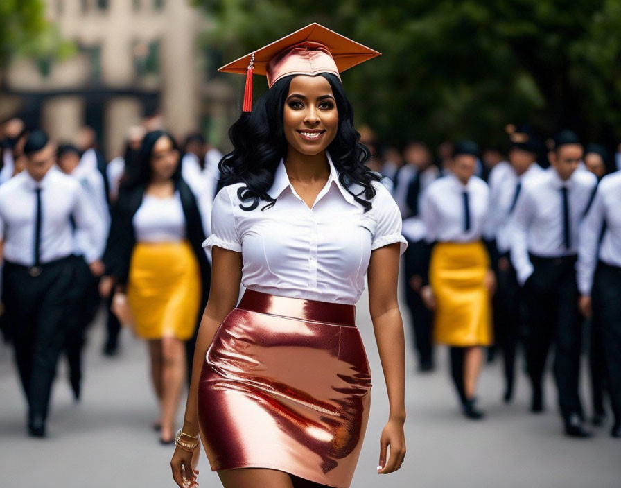 Young woman in graduation cap and gown with group of graduates in background.