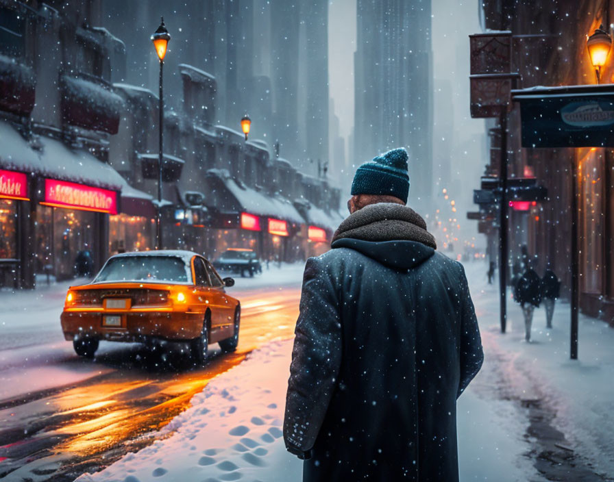 Person in winter clothing watching yellow cab on snowy city street