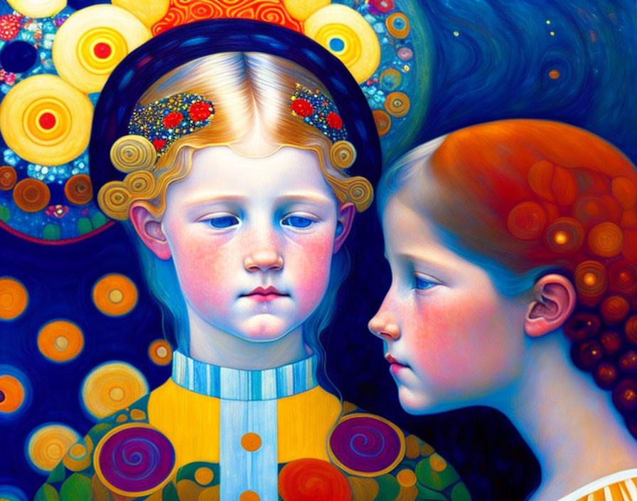 Vibrant painting of two children with stylized features and swirling patterns