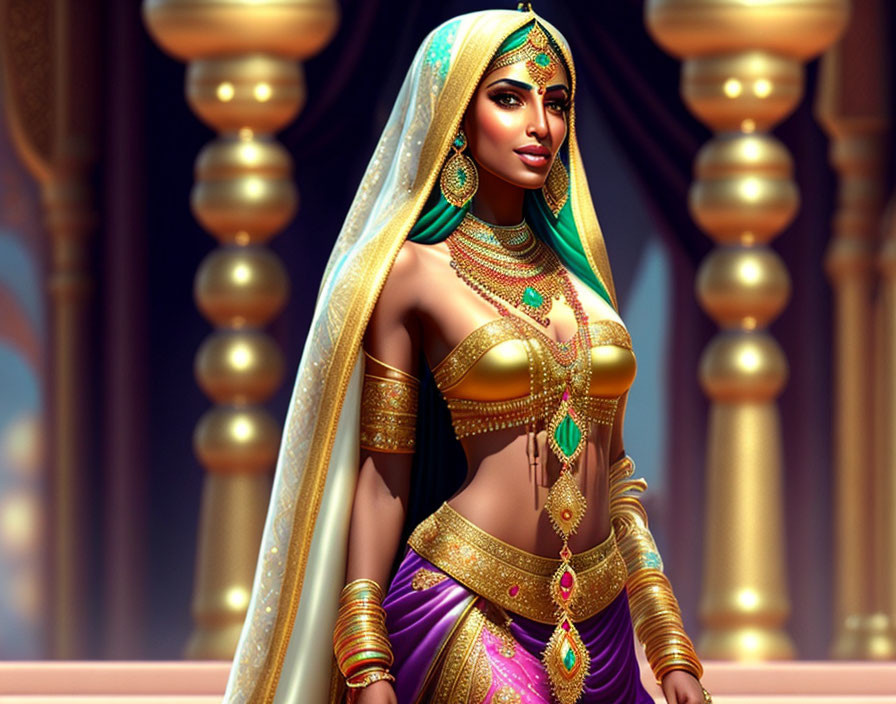 Illustration of regal Indian woman in traditional attire with gold jewelry in palace setting