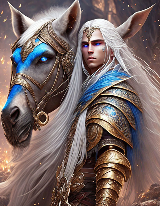 Elf with pale skin and white hair in intricate armor with majestic blue-eyed horse.