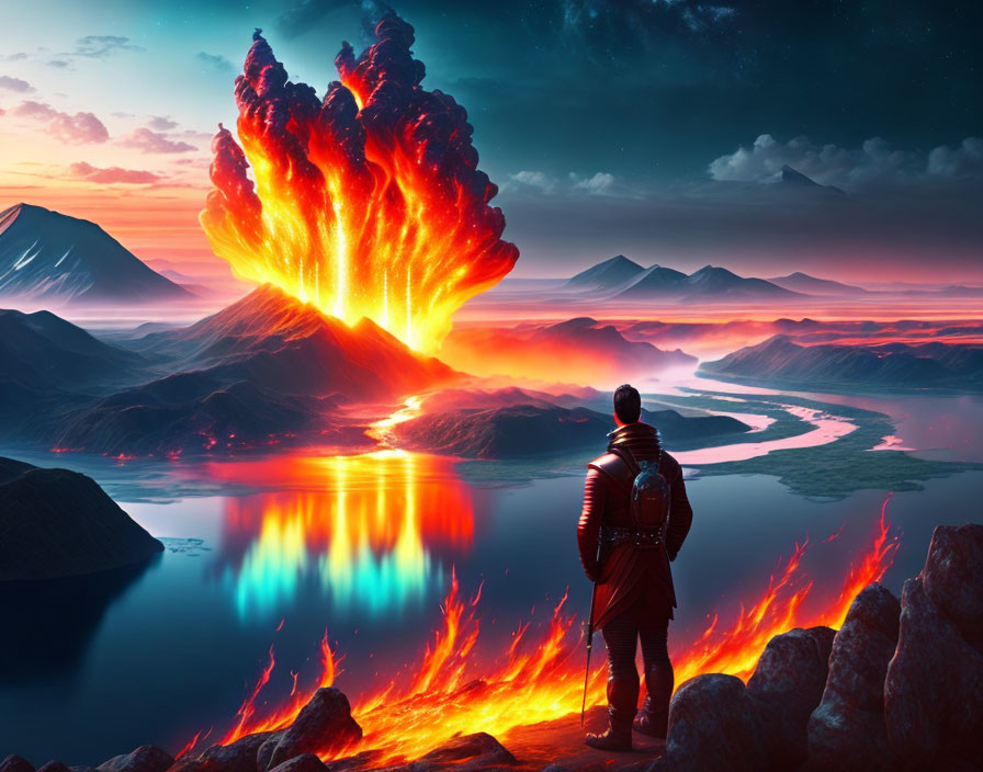 Person with backpack observes volcanic eruption over serene lake at twilight