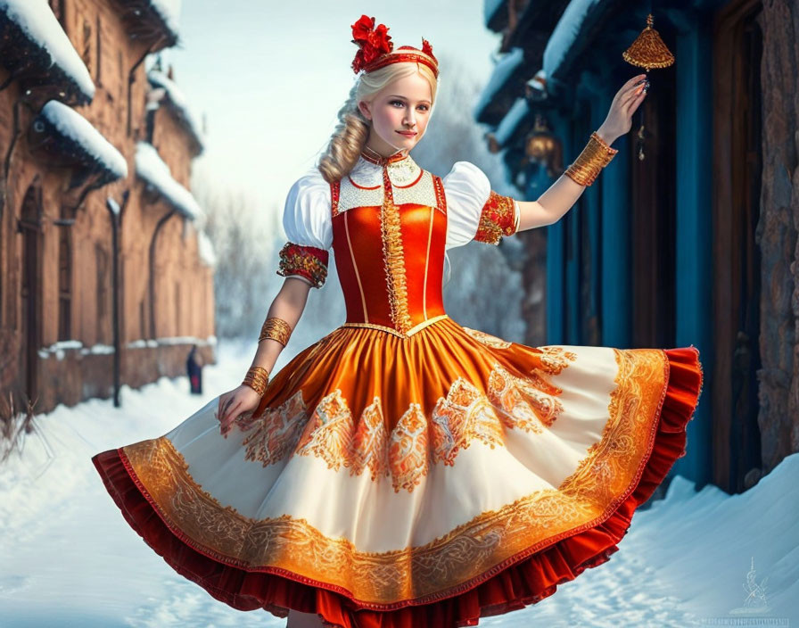 Traditional dress twirling woman in intricate patterned attire in snowy setting