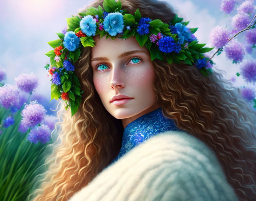 Young woman with blue eyes and curly hair in floral wreath against soft-focus flowers