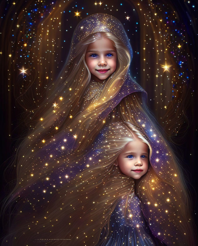 Digital Artwork: Children in Starry Night Sky Cloak