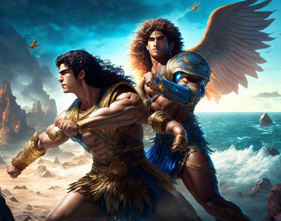 Three animated characters in mythological attire with wings in dramatic oceanic backdrop