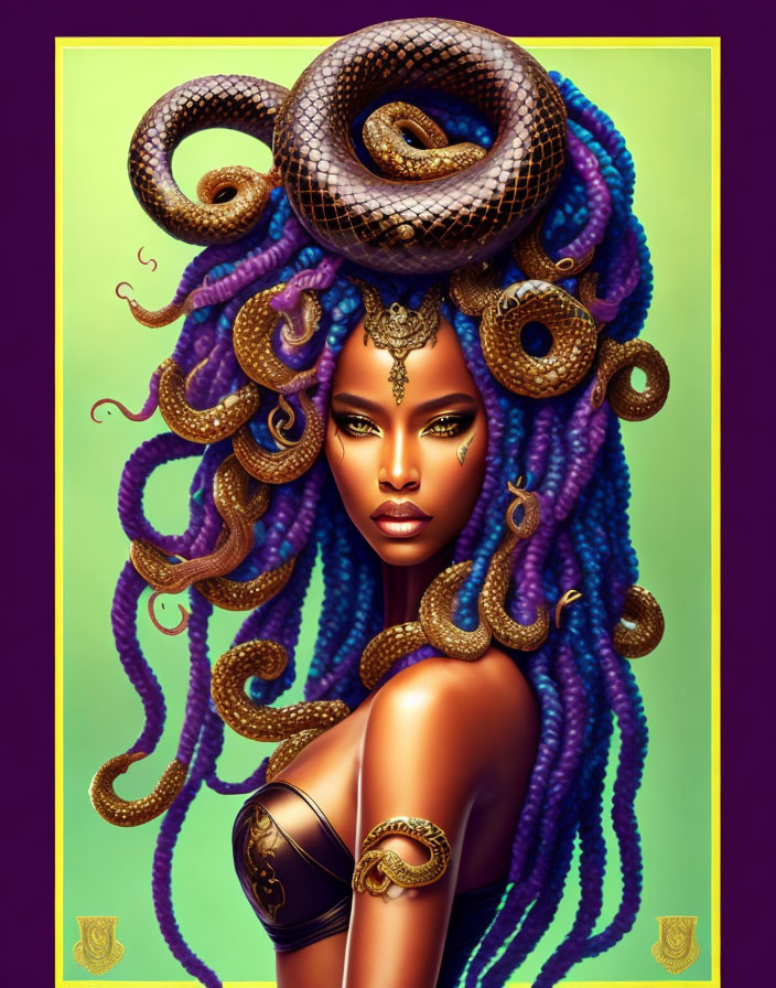 Mythical Medusa with snakes in blue and purple hair, golden adornments, and intense gaze