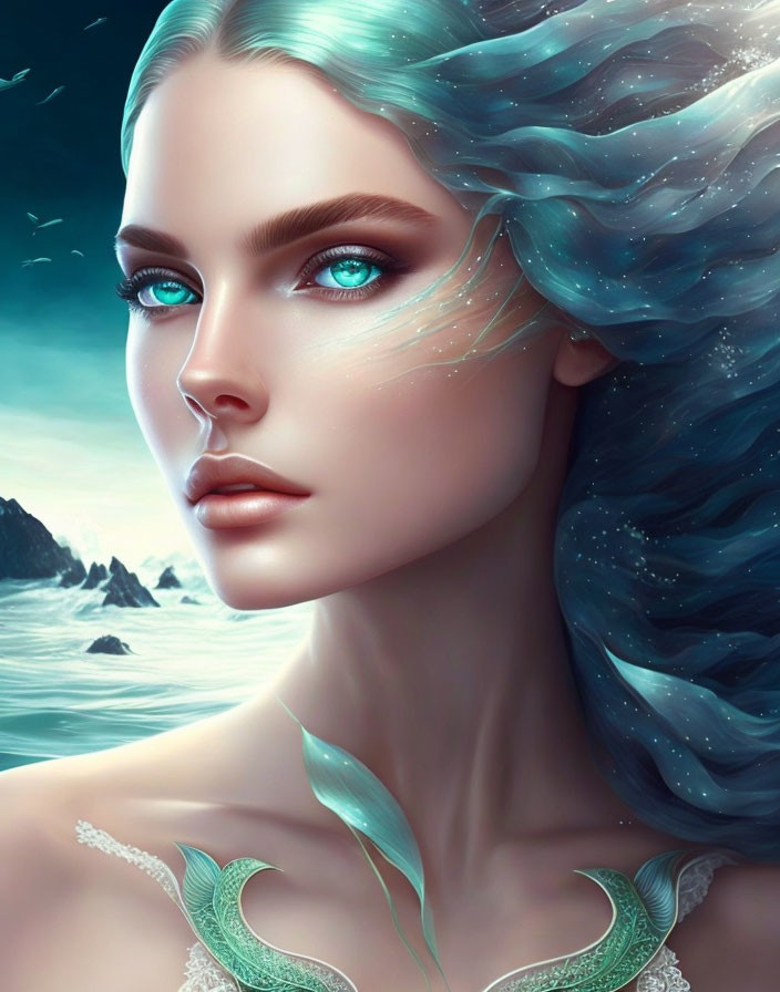 Digital Artwork: Woman with Blue Hair and Eyes by the Sea