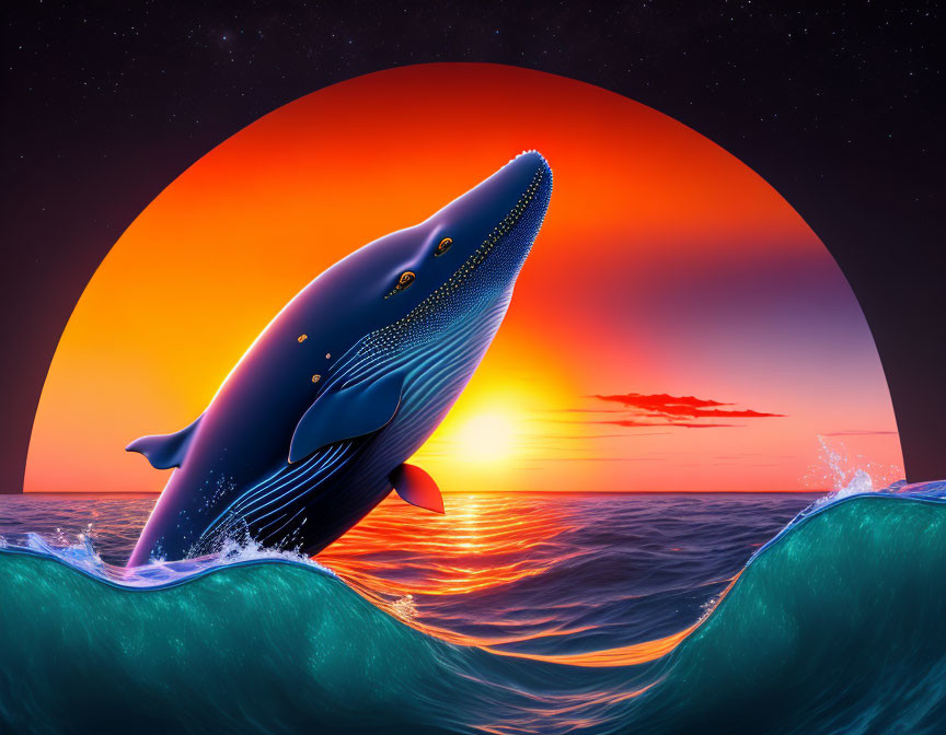 Blue whale leaping from ocean waves at sunset with starry sky