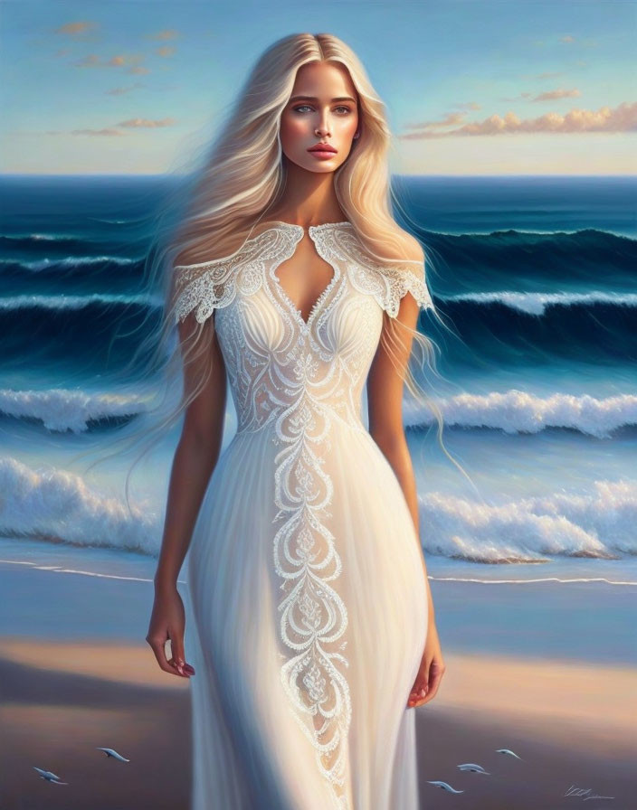 Woman in detailed white dress on beach with waves and seagulls - Tranquil elegance