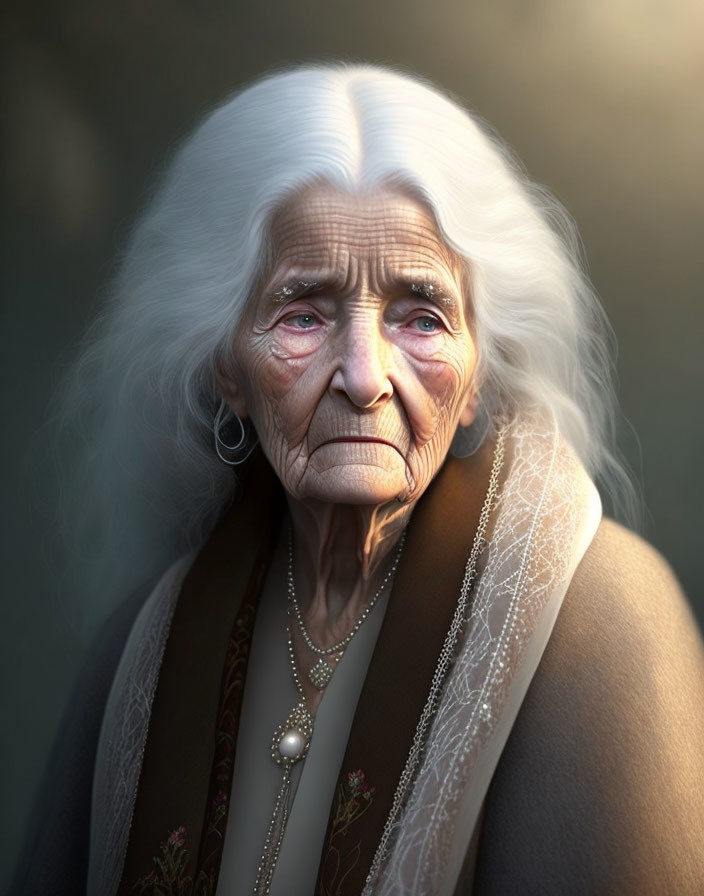 Elderly woman with deep wrinkles and white hair in soft light