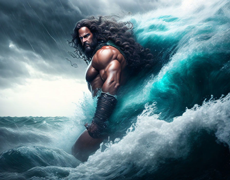 Muscular Figure in Stormy Ocean Waves