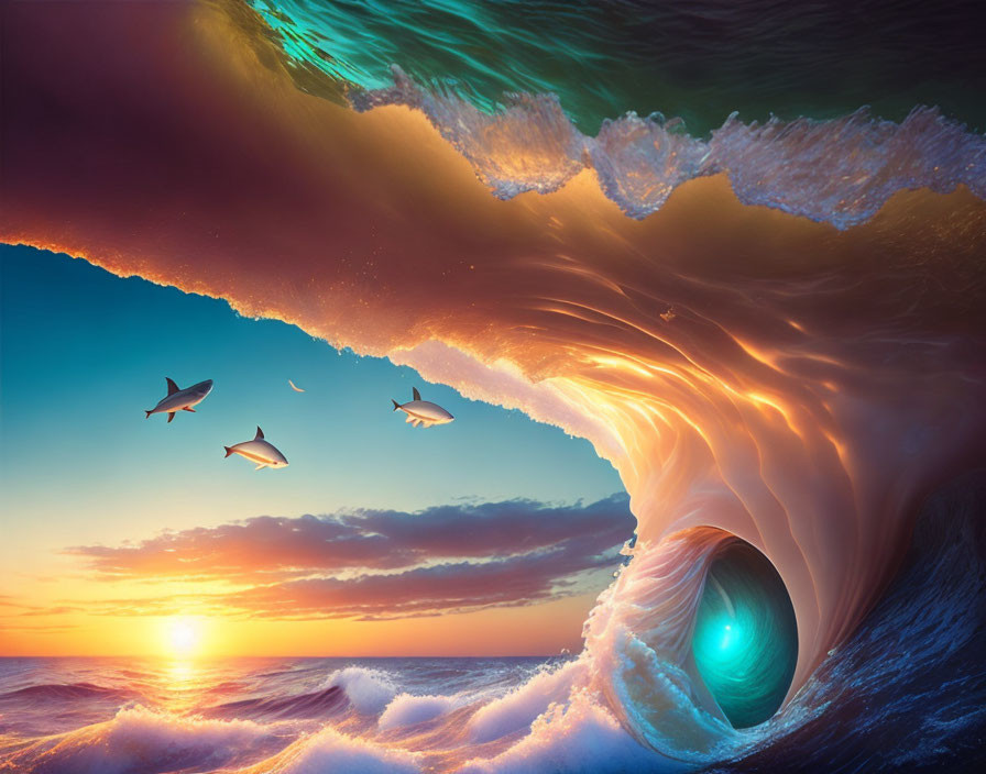 Surreal ocean wave with glowing curl, airborne fish, vivid sunset