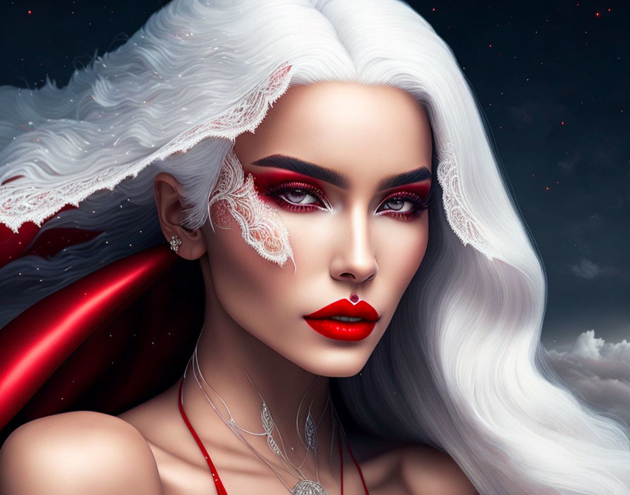 Digital Artwork: Woman with Red Makeup, White Hair, & Ornate Lace Wing