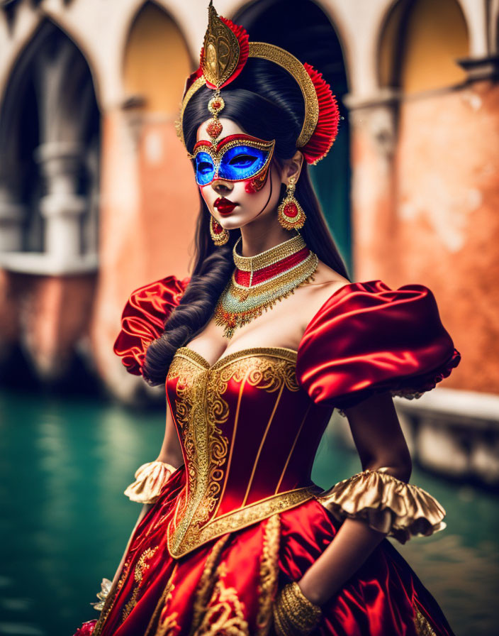 Elaborate red and gold costume with blue mask by a canal