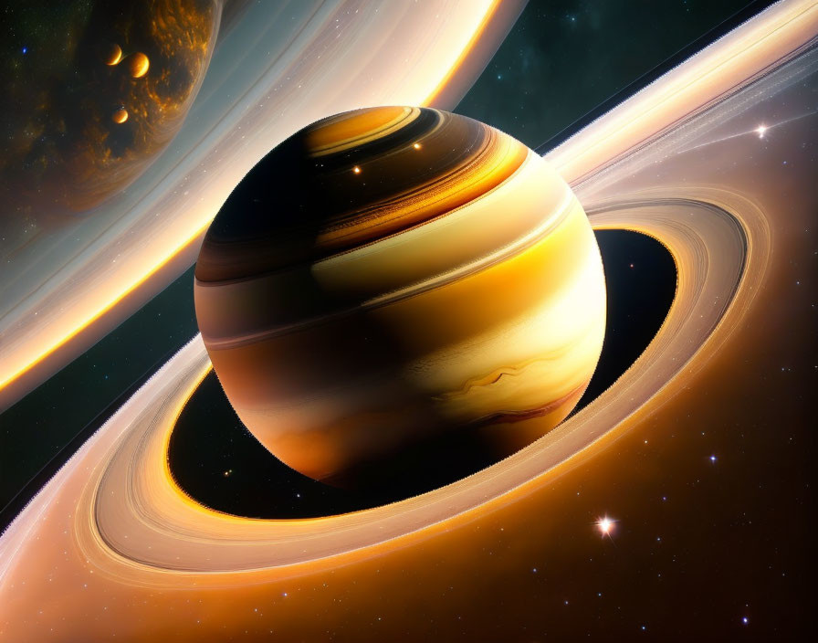 Saturn with rings in vibrant space scene.