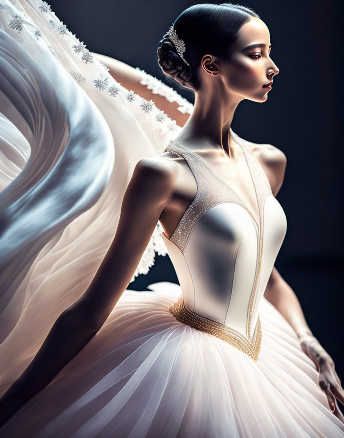 Elegant Ballerina in White Tutu with Feathered Bodice Pose