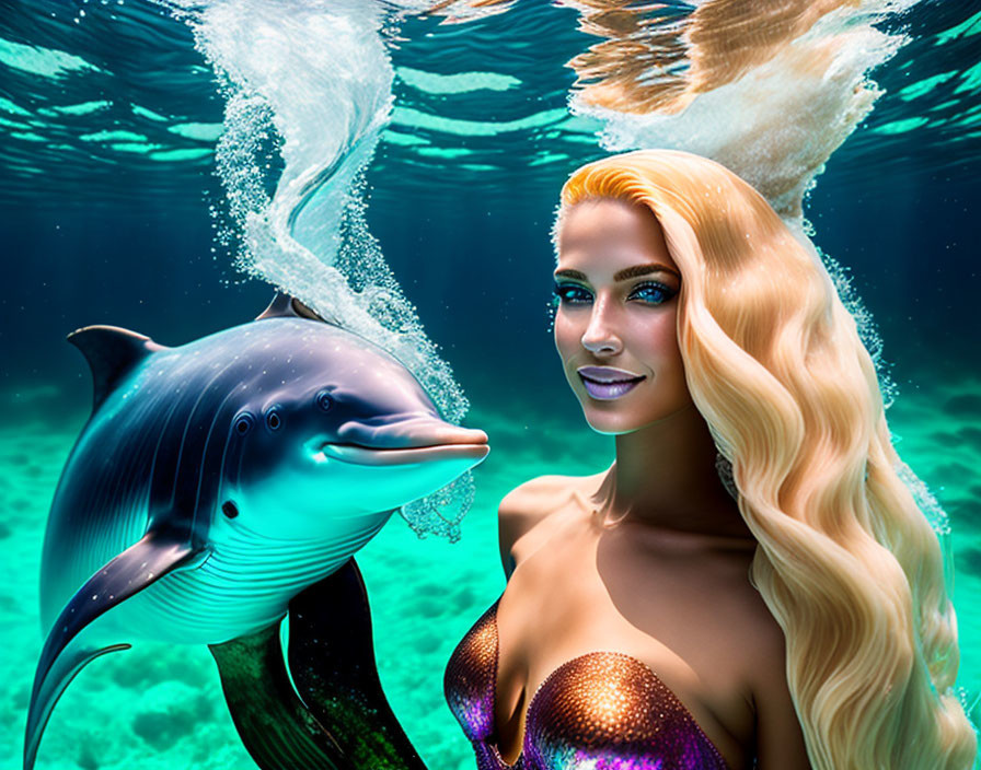 Blonde woman swimming with dolphin in clear blue ocean