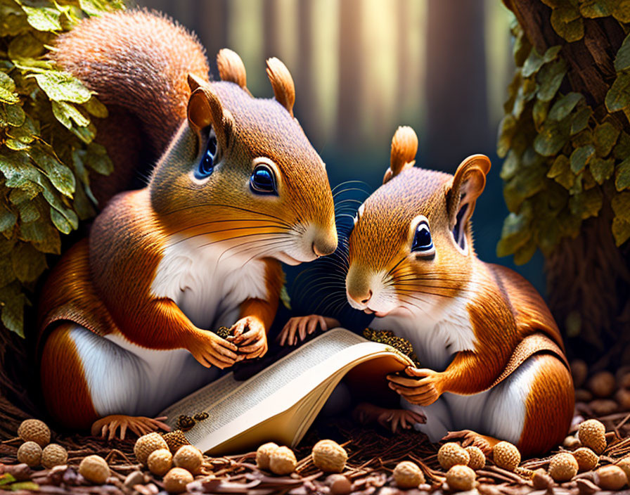 Animated squirrels reading book surrounded by nuts under sunlight.