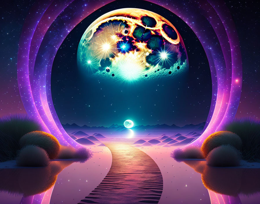 Surreal landscape digital artwork with luminous pathway and glowing orb