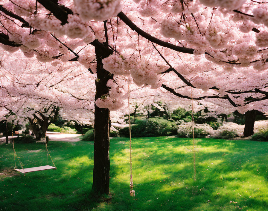 Tranquil Park with Cherry Blossom Trees and Swing