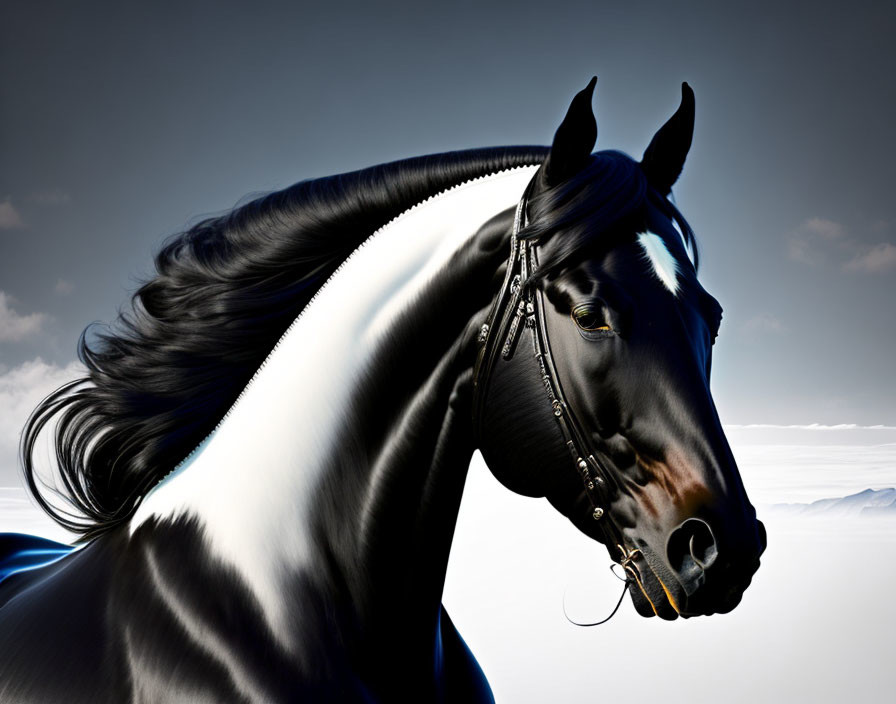 Majestic black horse with glossy coat and bridle in soft-focus sky.