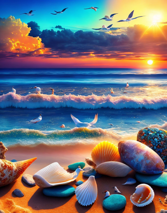 Colorful sunset beach scene with seashells, waves, seagulls, and vibrant sky