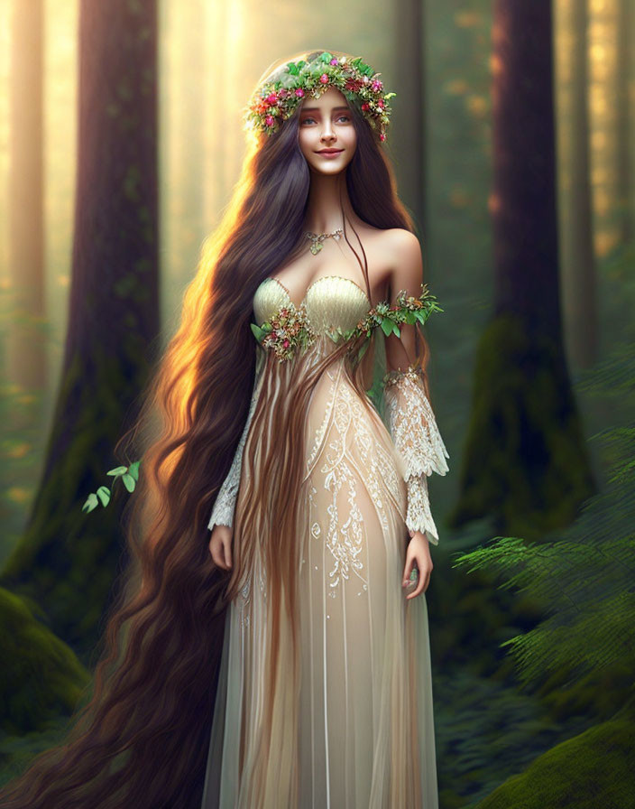 Woman with long hair in flowing dress and floral wreath in sunlit forest