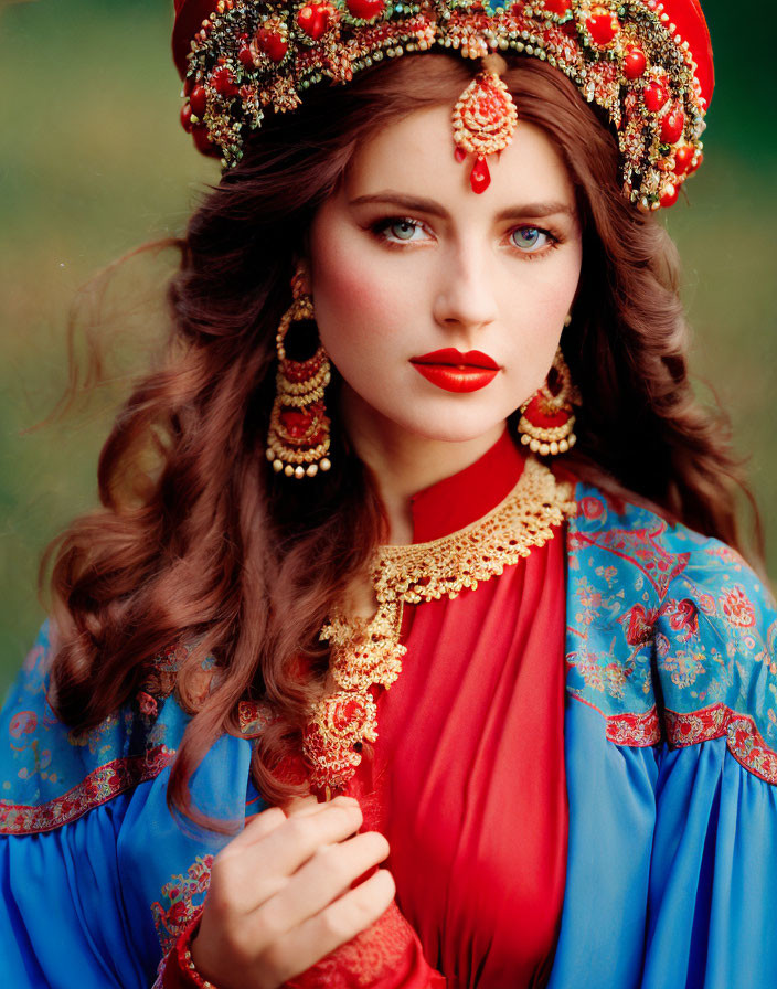 Traditional Slavic woman in red and gold attire gazes thoughtfully