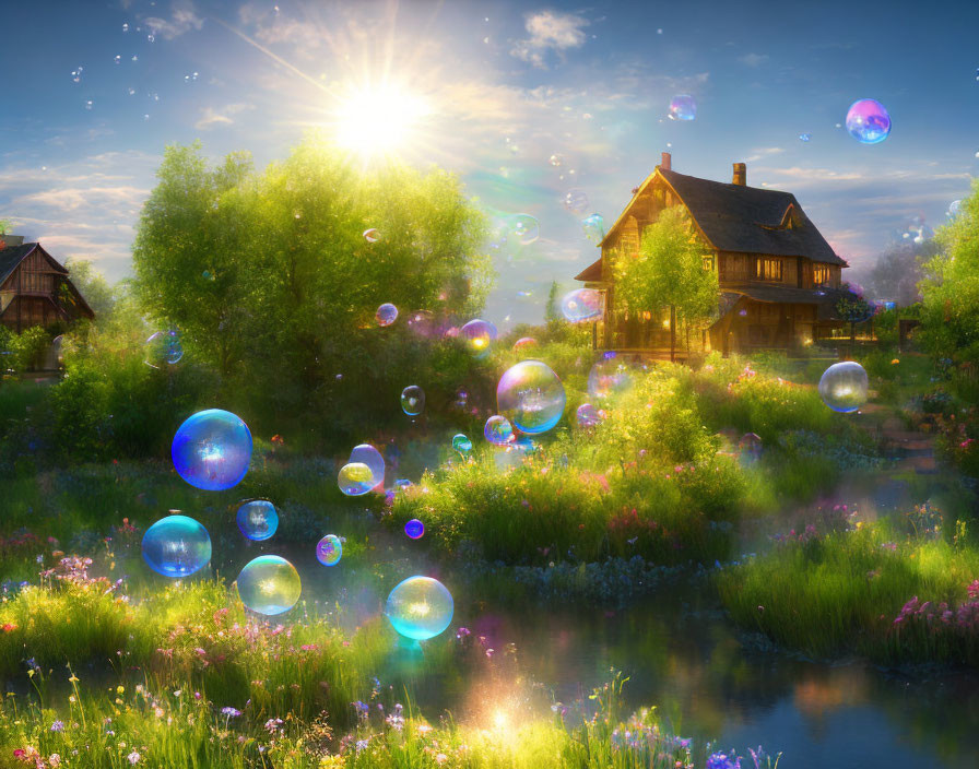 Countryside house in lush greenery with soap bubbles