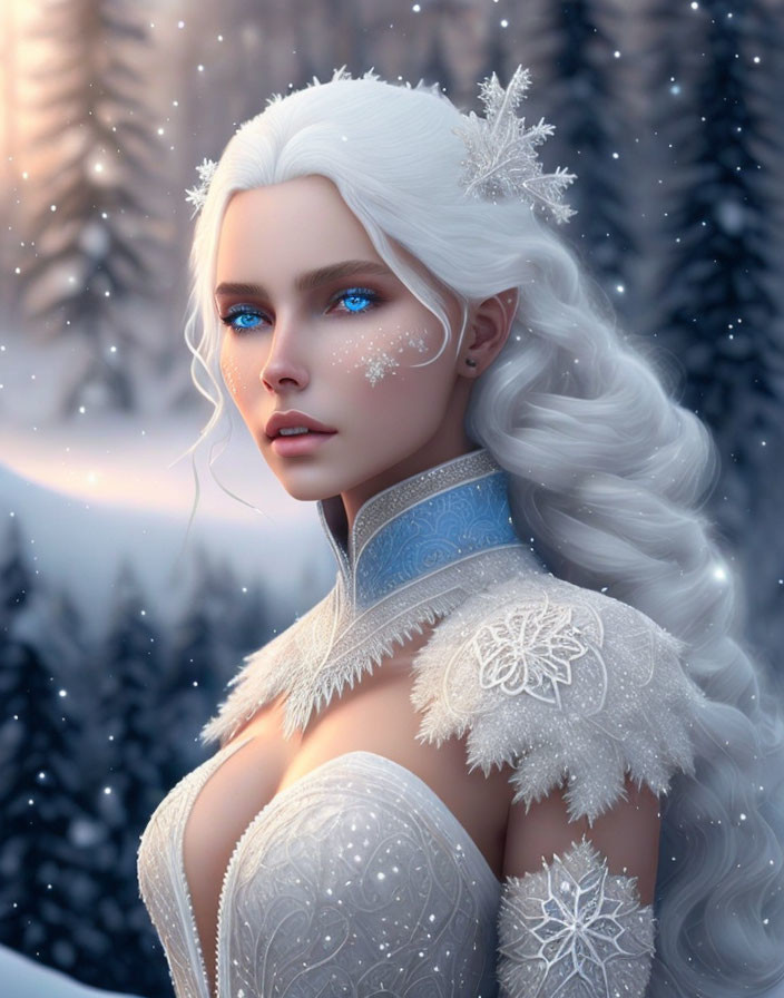 Illustration: Woman with Snowy White Hair and Blue Eyes in Winter Theme.