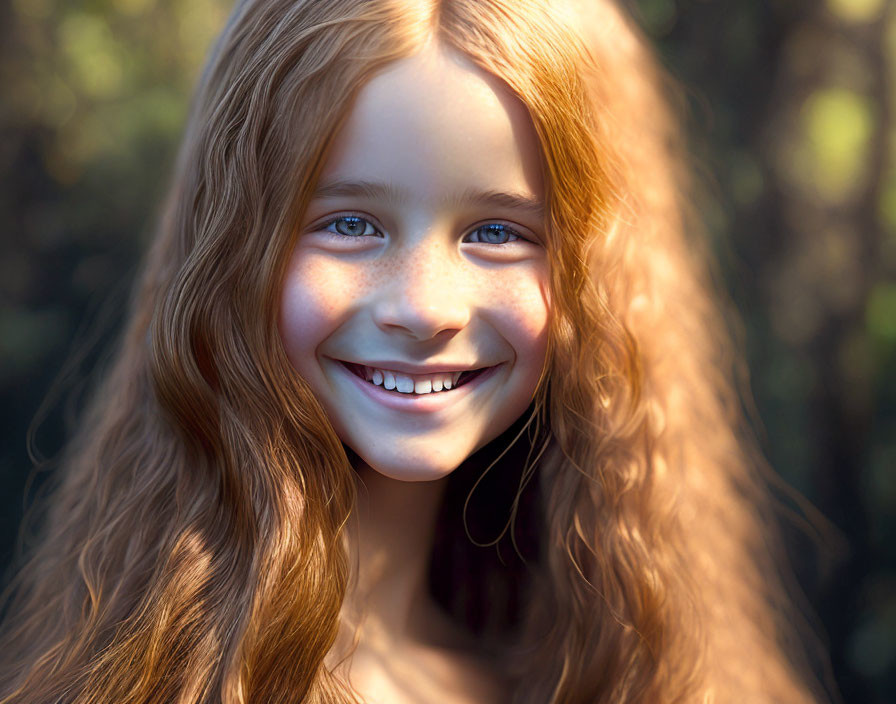 Young girl with curly red hair and freckles in sunlight.