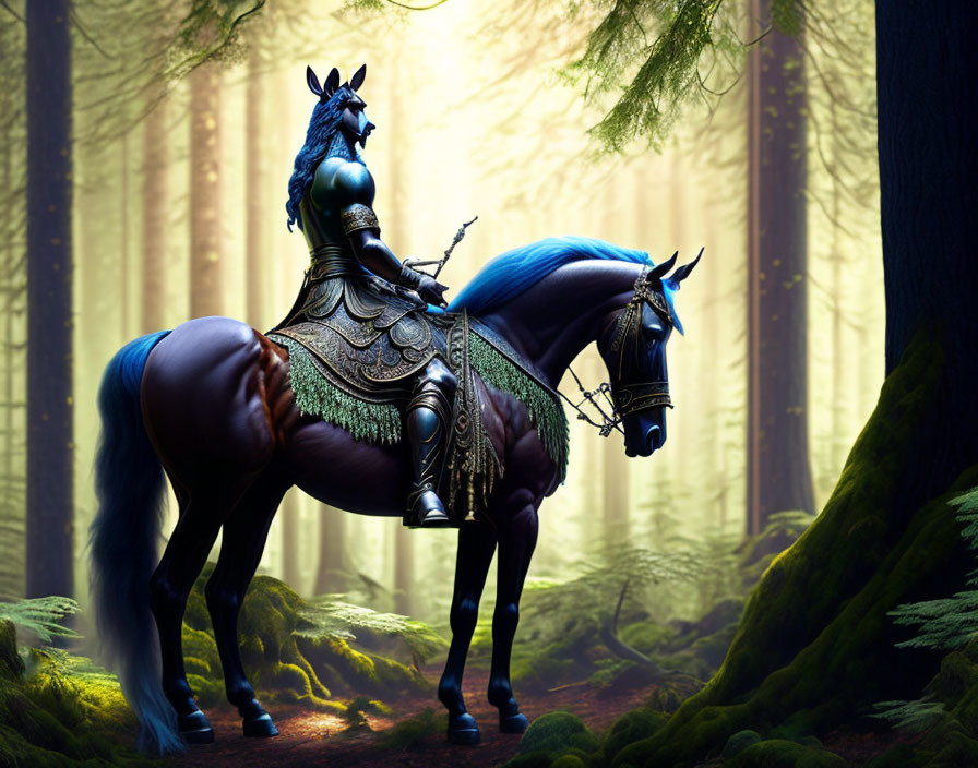 Centaur Warrior in Armor on Majestic Horse in Forest Clearing