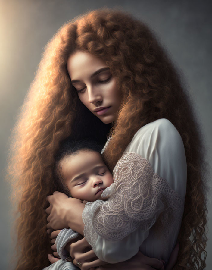 Mother with curly hair cuddles sleeping baby in gentle embrace