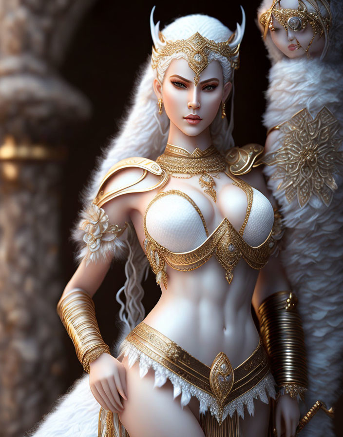 Fantasy woman in white and gold armor with horned crown and flowing hair