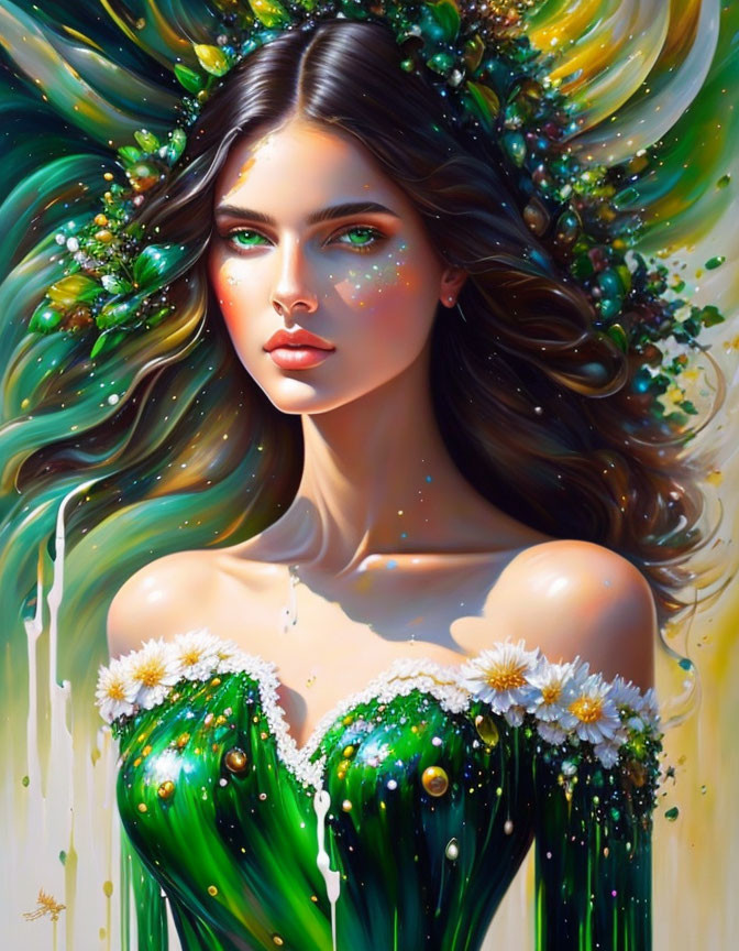 Digital artwork: Woman with flowing hair, greenery, flowers, green dress.