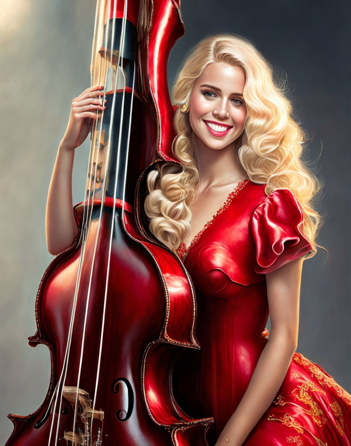 Smiling Woman in Red Dress with Cello