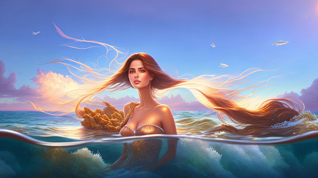 Mermaid illustration with flowing hair above sunset sea