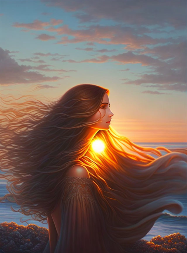 Woman with flowing hair gazing into the sunset silhouette