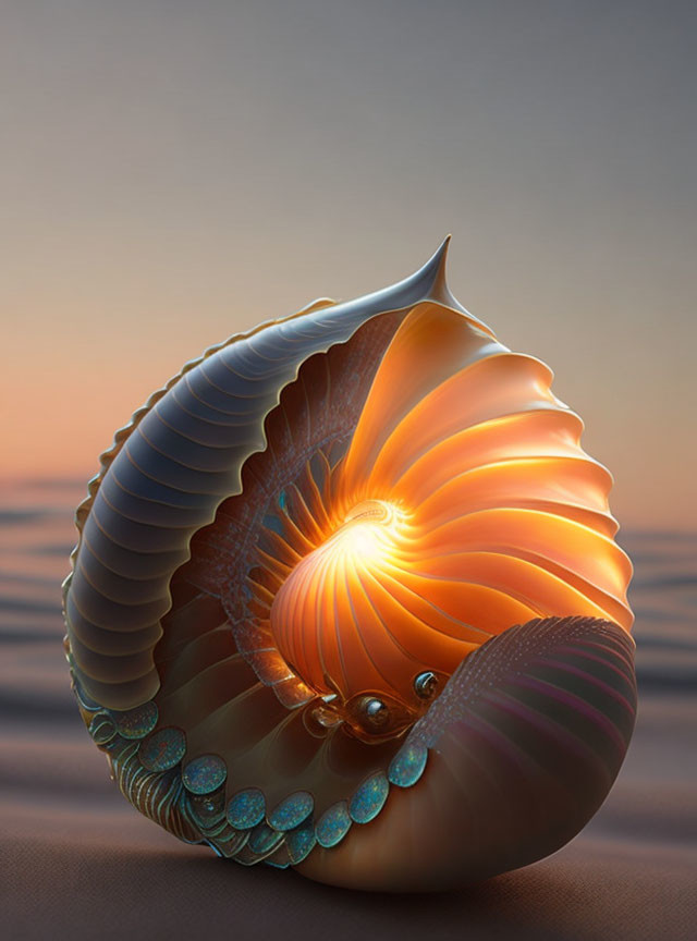 Digital Illustration: Nautilus Shell with Glowing Center on Reflective Surface