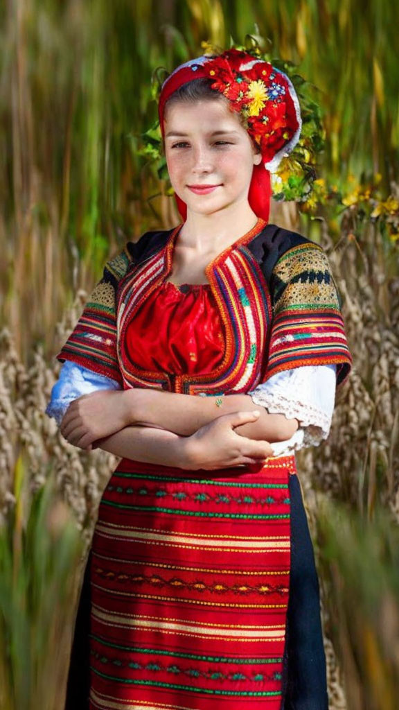 Traditional folk dress girl in colorful headscarf standing in wheat field