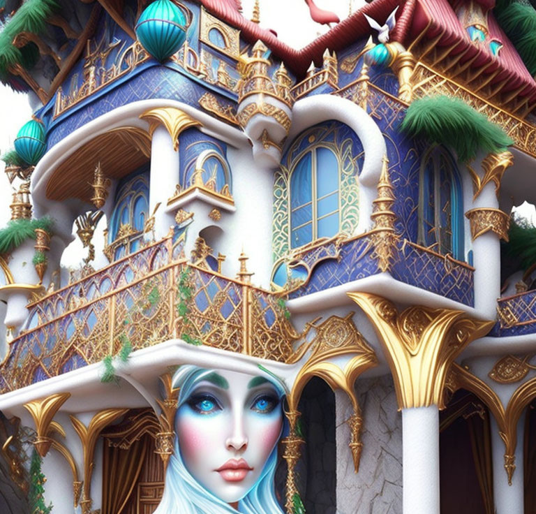 Fantasy castle with ornate details and blue-skinned female character.